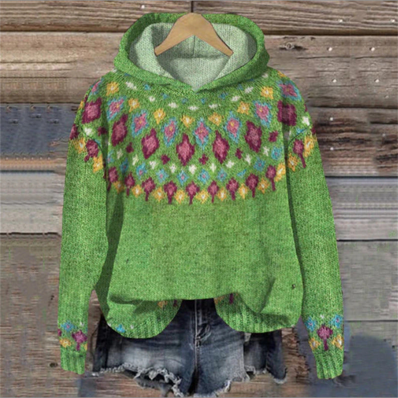 Machteld | Gebreide hoodie met etnische print - Lichtgroen