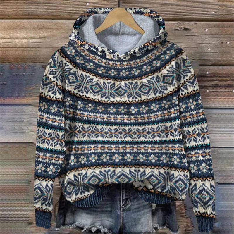 Machteld | Gebreide hoodie met etnische print - Middernachtblauw