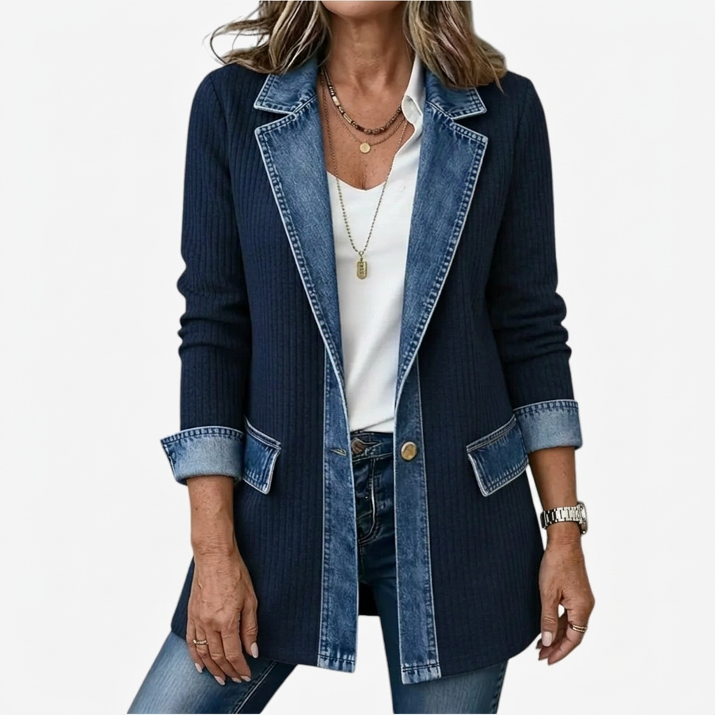 Marieke | Gebreide jas met denim details voor dames - Marineblauw