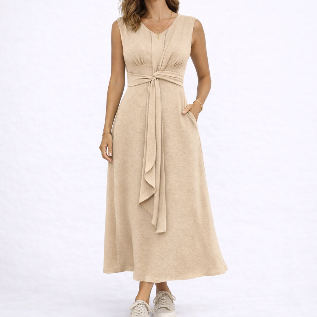 Marit | Mouwloze midi jurk met striktaille - Beige