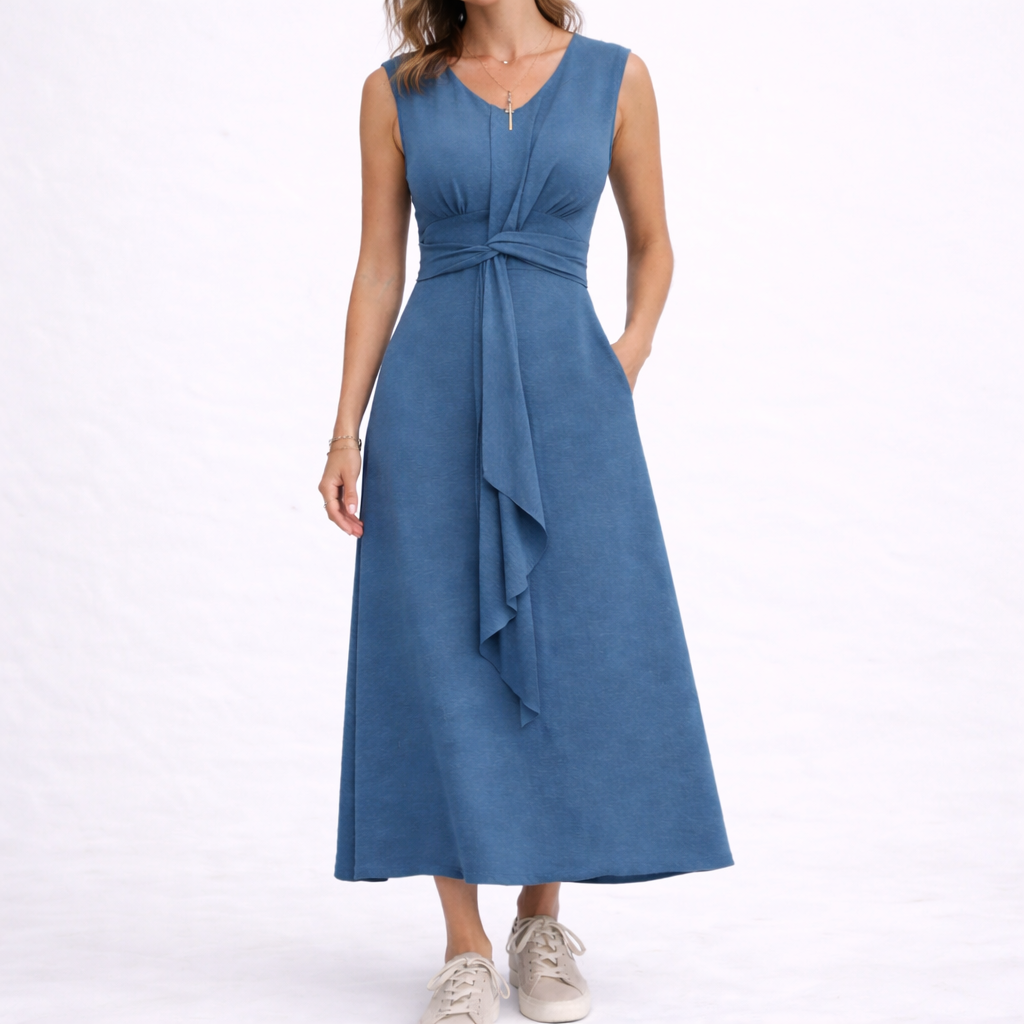 Marit | Mouwloze midi jurk met striktaille - Blauw