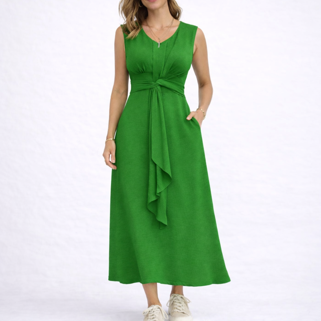 Marit | Mouwloze midi jurk met striktaille - Groen