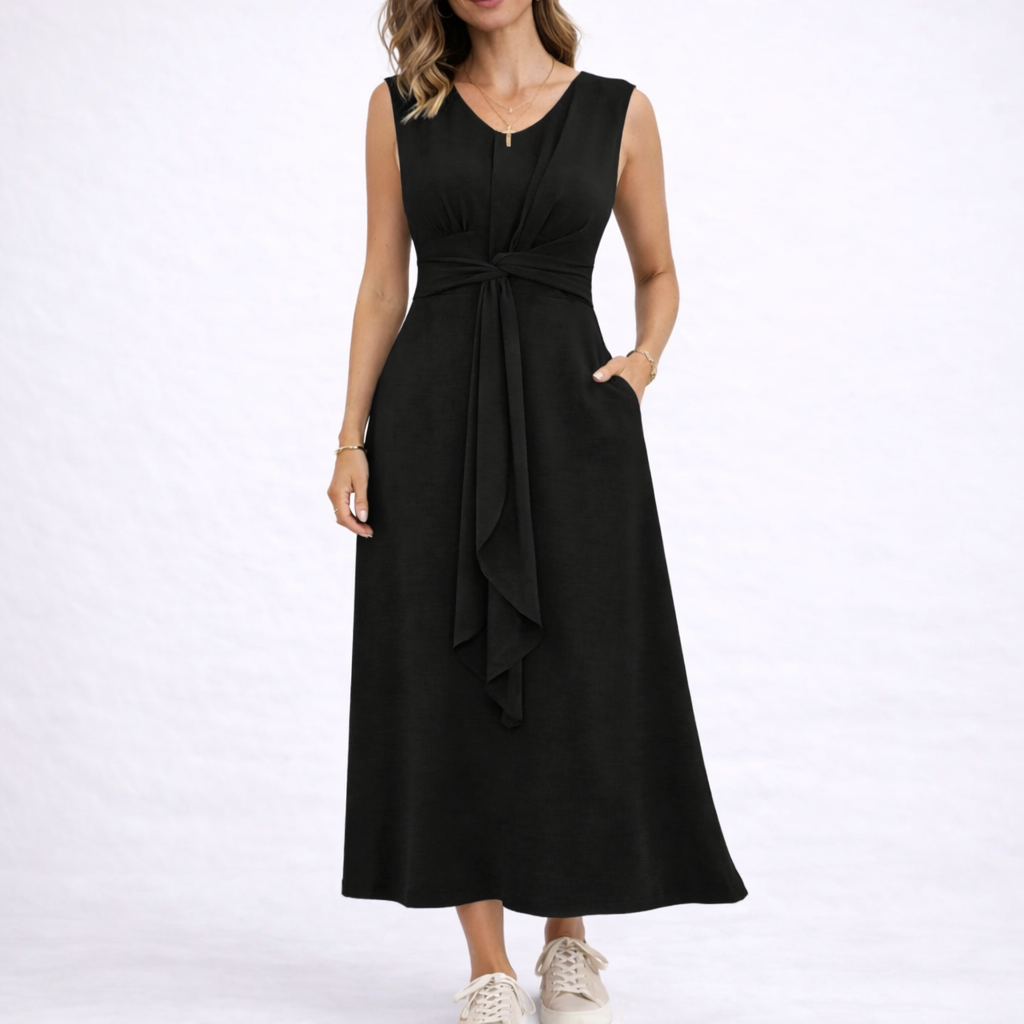 Marit | Mouwloze midi jurk met striktaille - Zwart