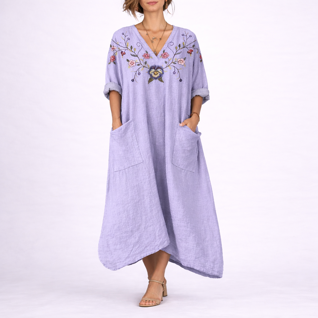 Merel | Boho kaftan maxi jurk met bloemen - Paars