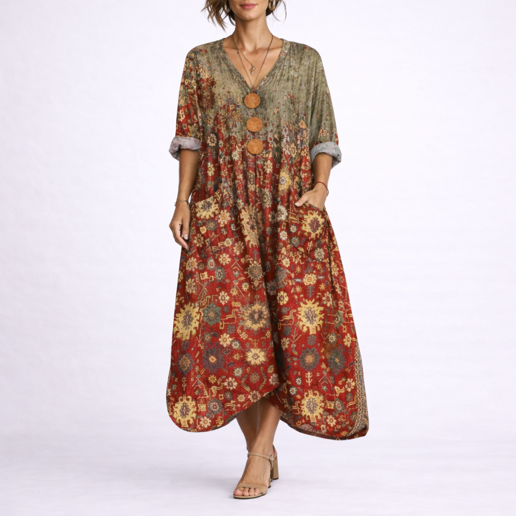 Merel | Boho kaftan maxi jurk met bloemen - Rood tapijt