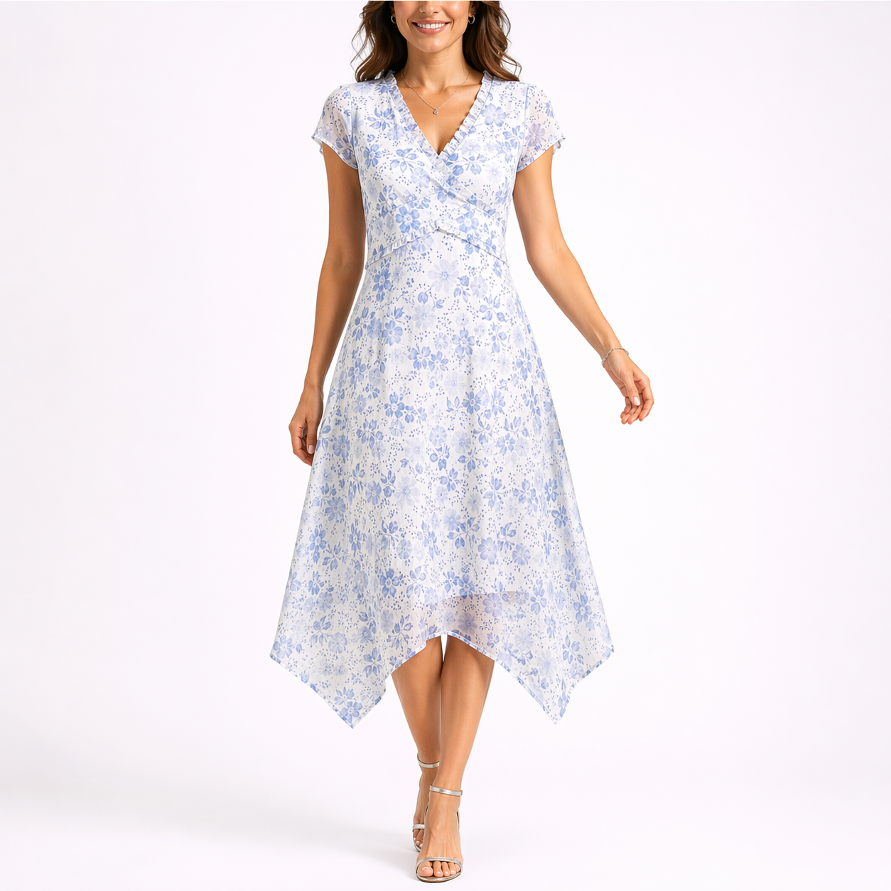 Merel | Midi jurk met V-hals en bloemenprint - Blauw