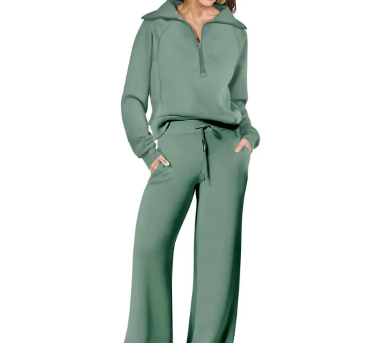 Mirte | Loungewear set met sweater en wijde broek - Groen
