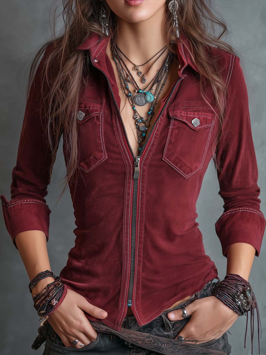 Myrthe | Spijkerblouse met rits voor dames - Stoffig rood
