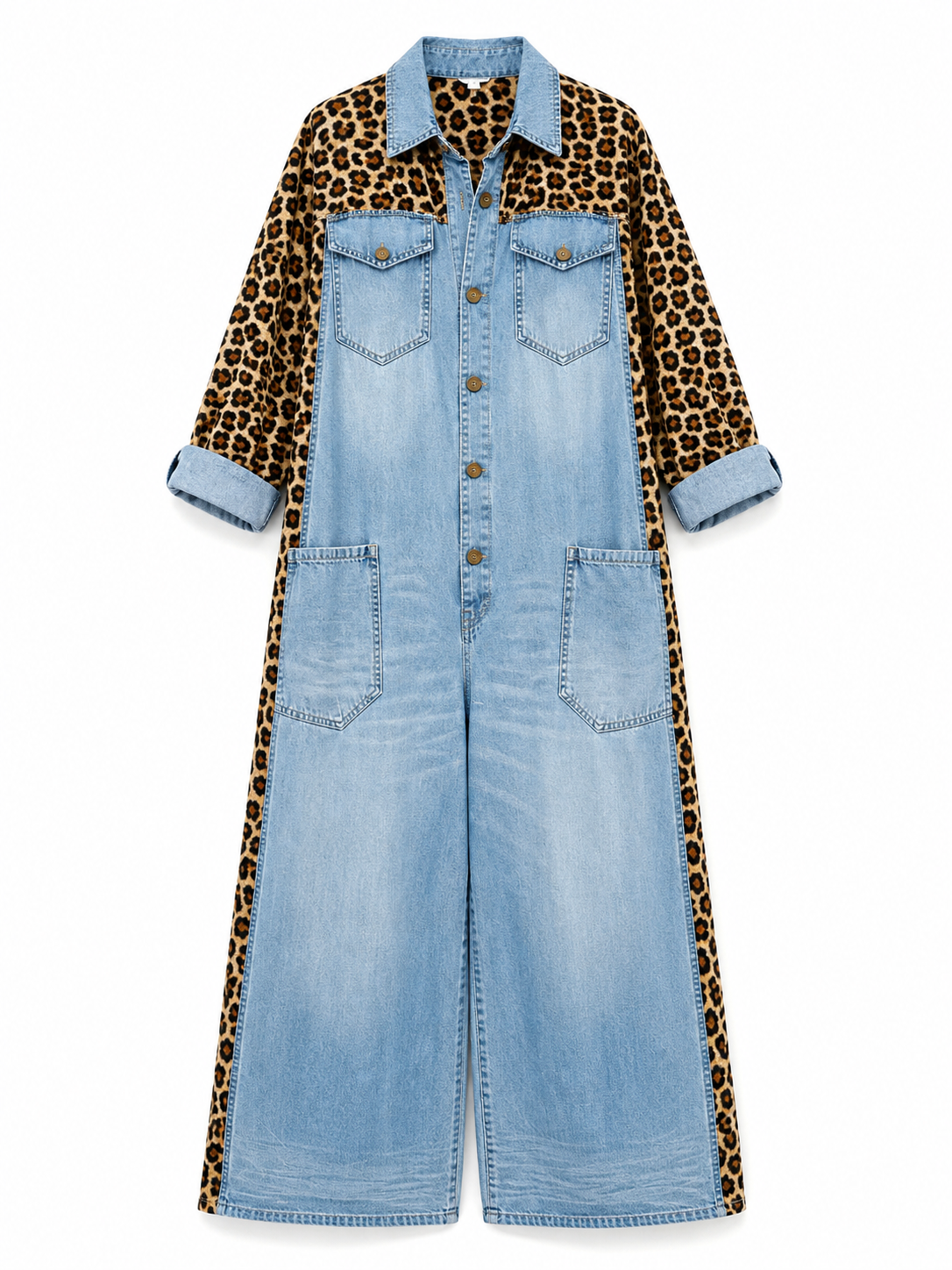 Naomi | Denim jumpsuit met panterprint, lichtblauw - foto 1
