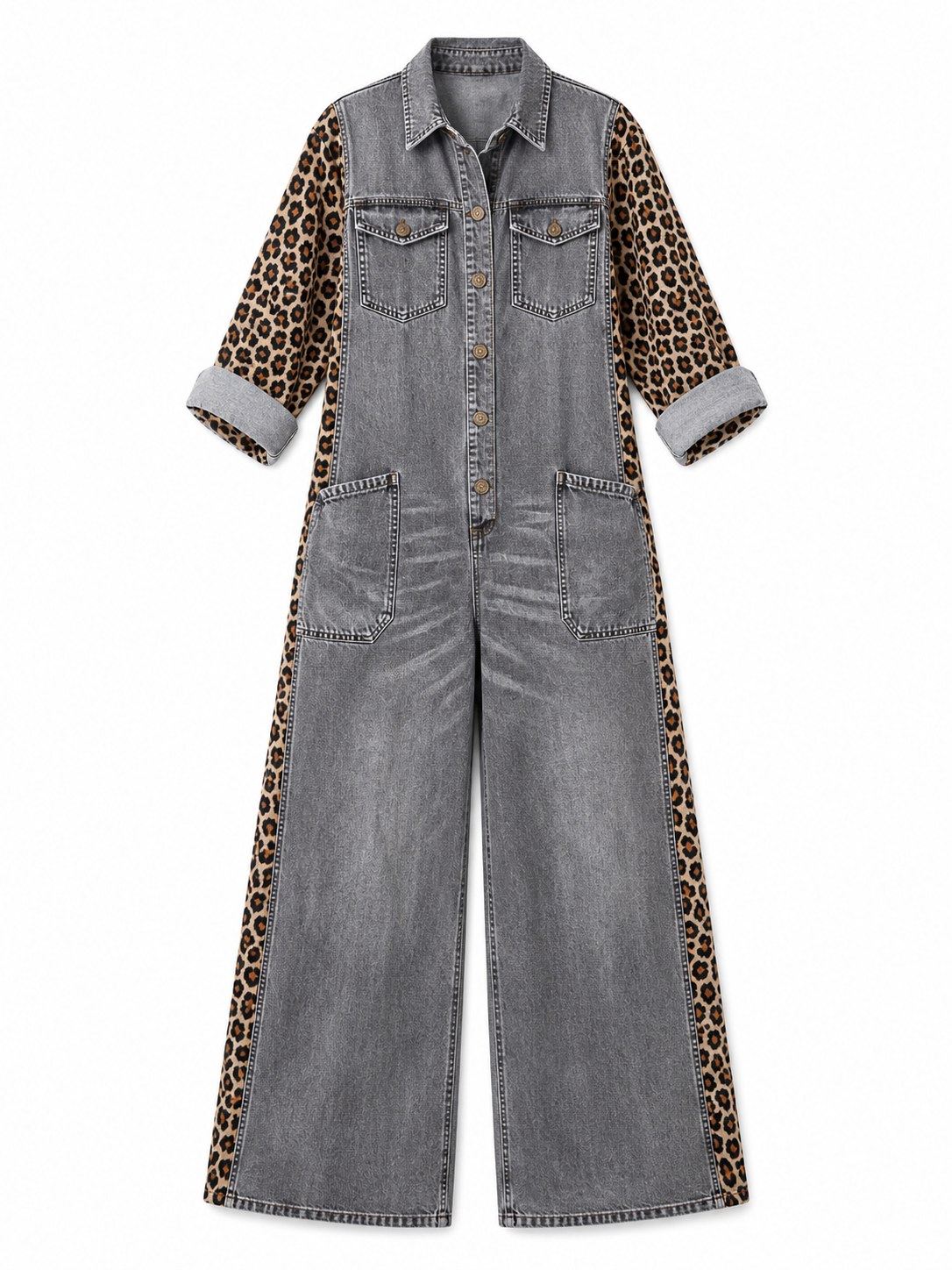 Naomi | Denim jumpsuit met panterprint, lichtblauw - foto 4