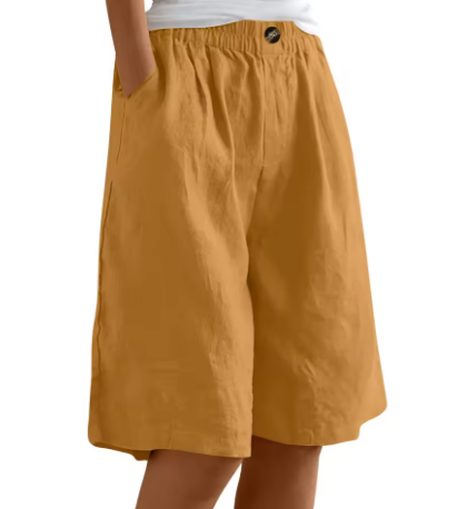 Naomi | Wijde korte broek voor dames van katoenmix - Geelbruin