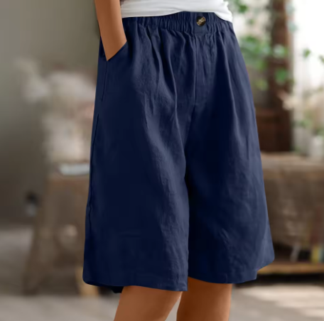 Naomi | Wijde korte broek voor dames van katoenmix - Marineblauw