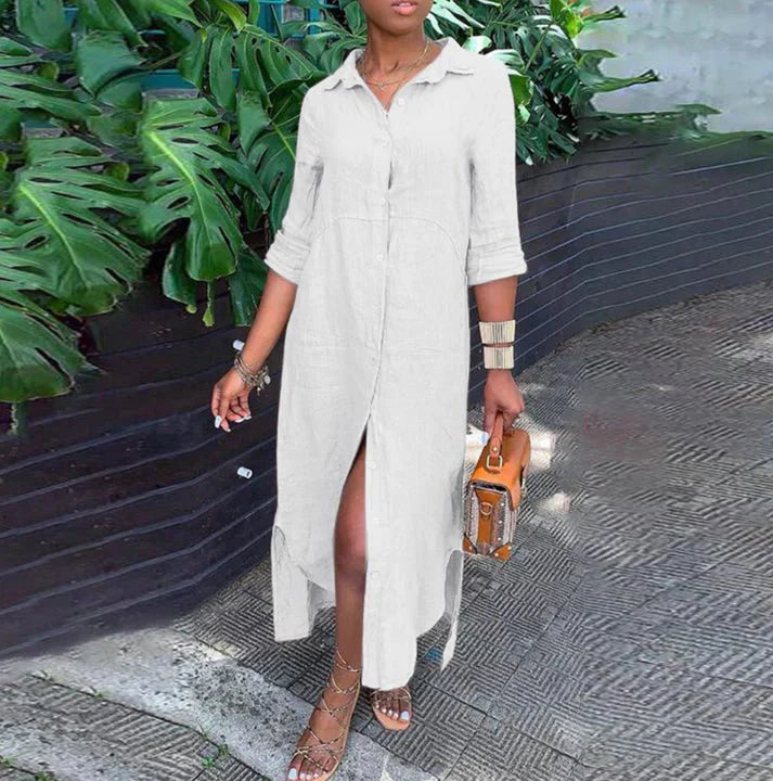 Charlotte Jurk - Casual Linnen Button-Down Lange Overhemdjurk