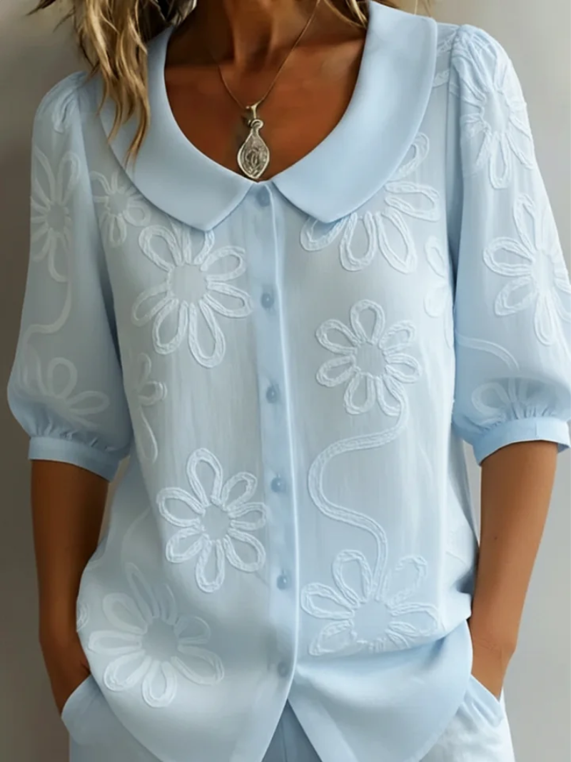 Nina | Blouse met bloemen en kraag voor dames - Blauw
