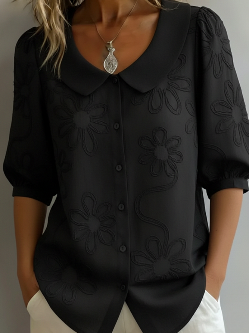 Nina | Blouse met bloemen en kraag voor dames - Zwart