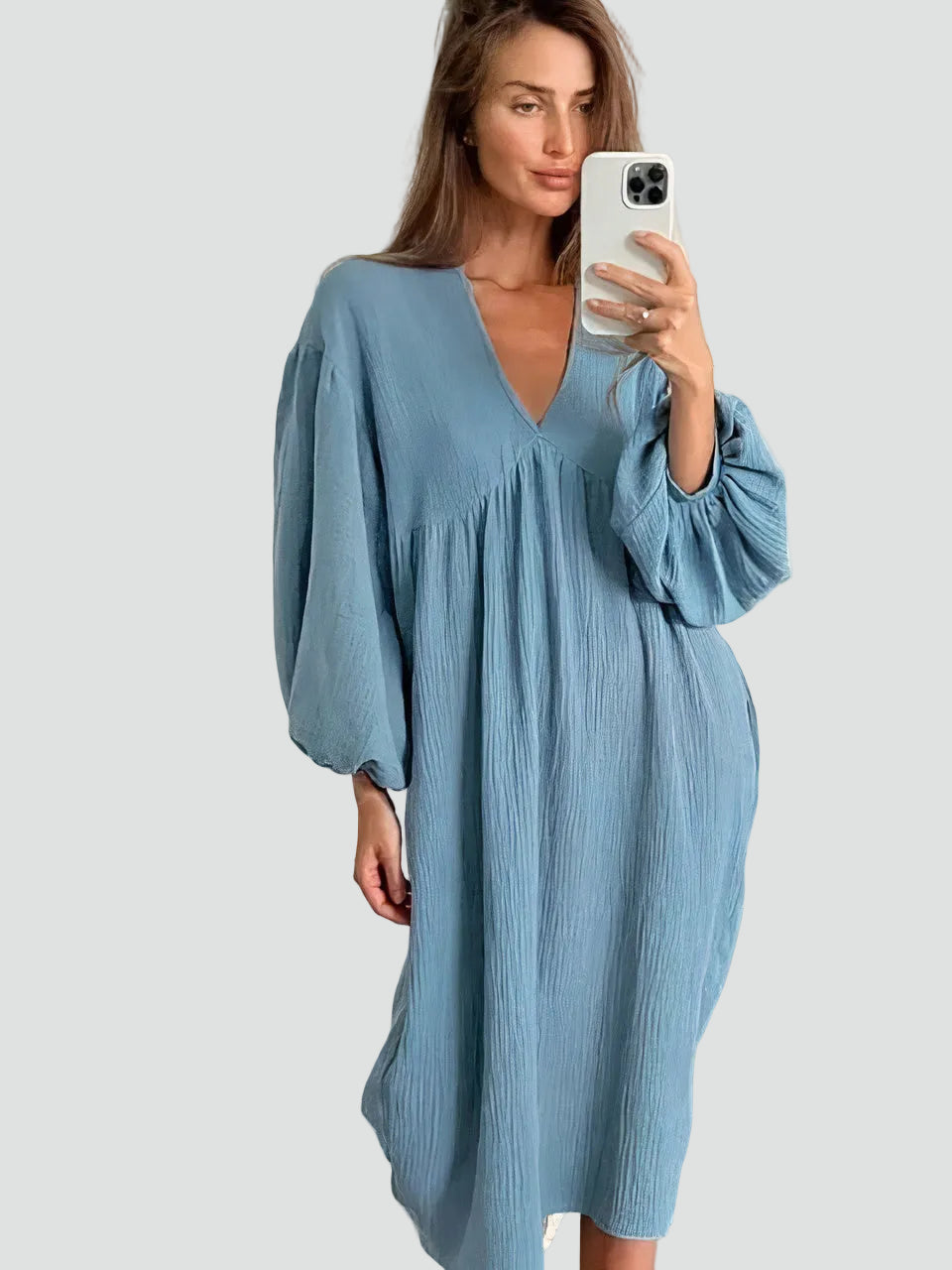 Noor | Midi nachtjurk met V-hals en pofmouwen - Blauw
