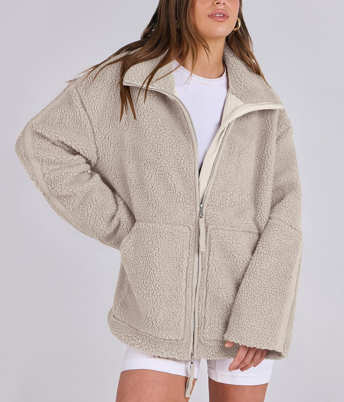 Noor | Oversized teddy jas voor dames - Beige
