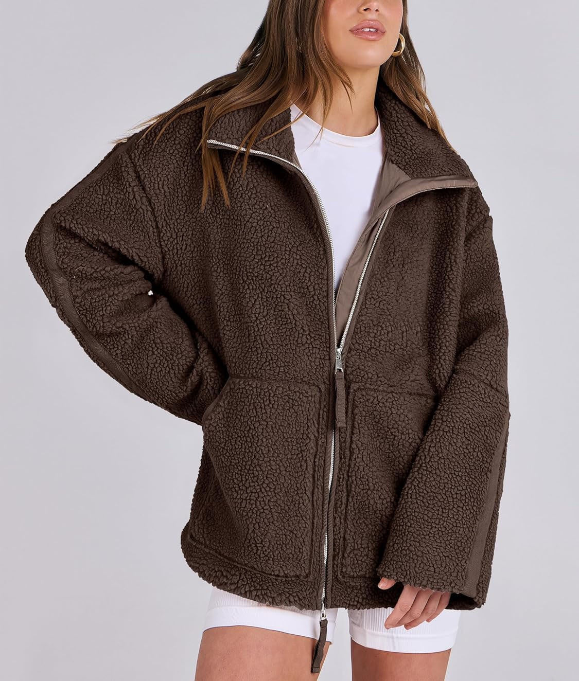 Noor | Oversized teddy jas voor dames - Donkerbruin