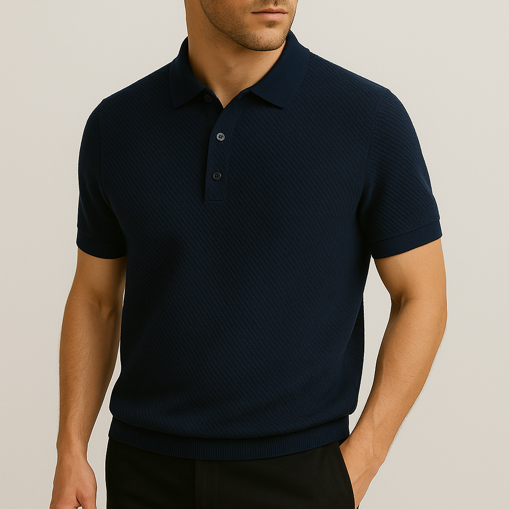 Noud | Gebreide polo voor heren met korte mouw - Blauw
