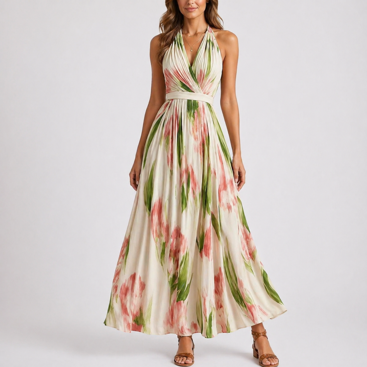 Nova | Maxi jurk met bloemenprint en halternek - Bloemen