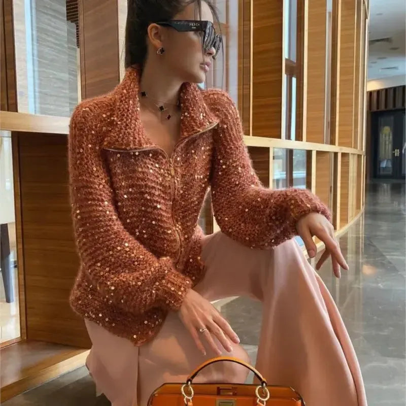 Alyssa - Gilet tricoté confortable et élégant avec fermeture éclair et paillettes