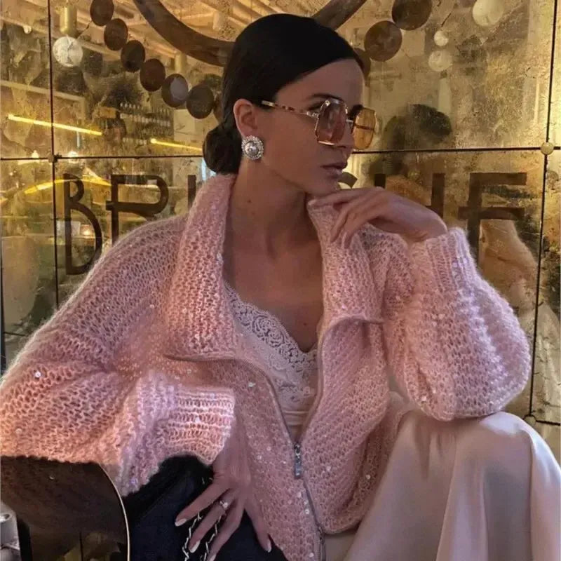 Alyssa - Gilet tricoté confortable et élégant avec fermeture éclair et paillettes