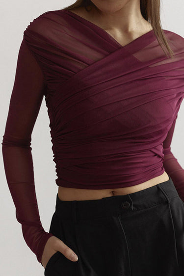 Puck | Mesh crop top voor dames met lange mouwen, wijnrood - foto 4