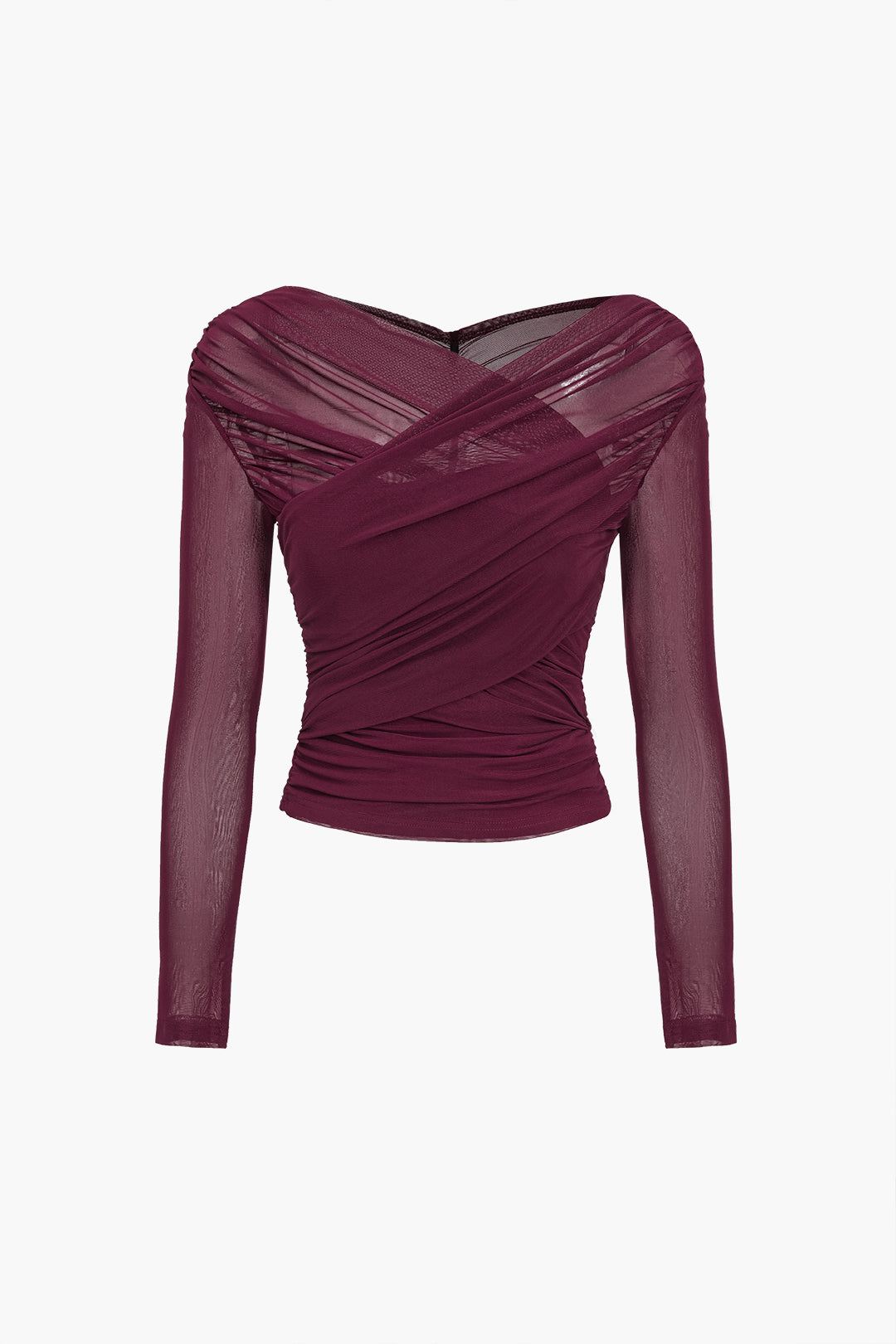 Puck | Mesh crop top voor dames met lange mouwen, wijnrood - Wijnrood