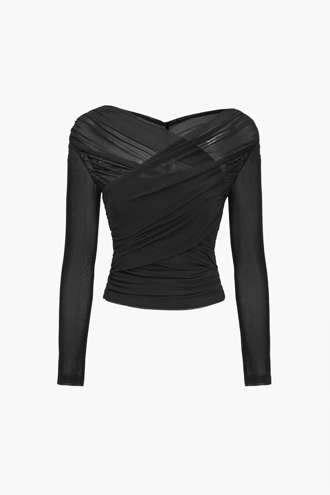 Puck | Mesh crop top voor dames met lange mouwen, wijnrood - Zwart