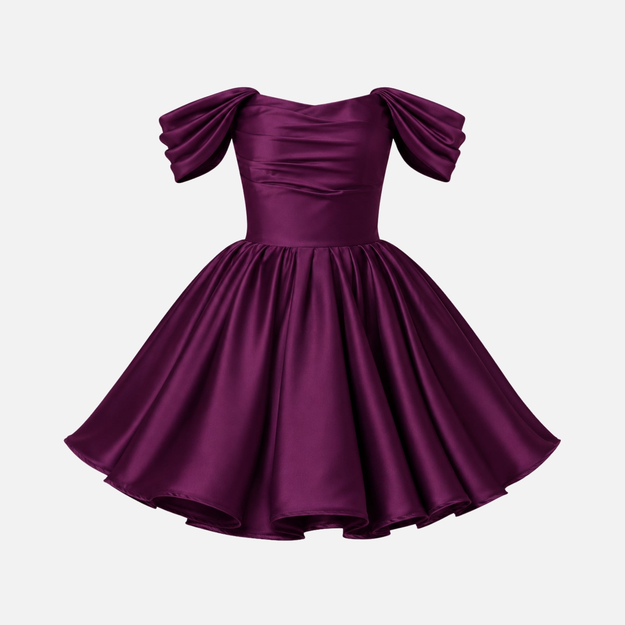Renske | Satijnen mini jurk met off shoulder - Wijnrood