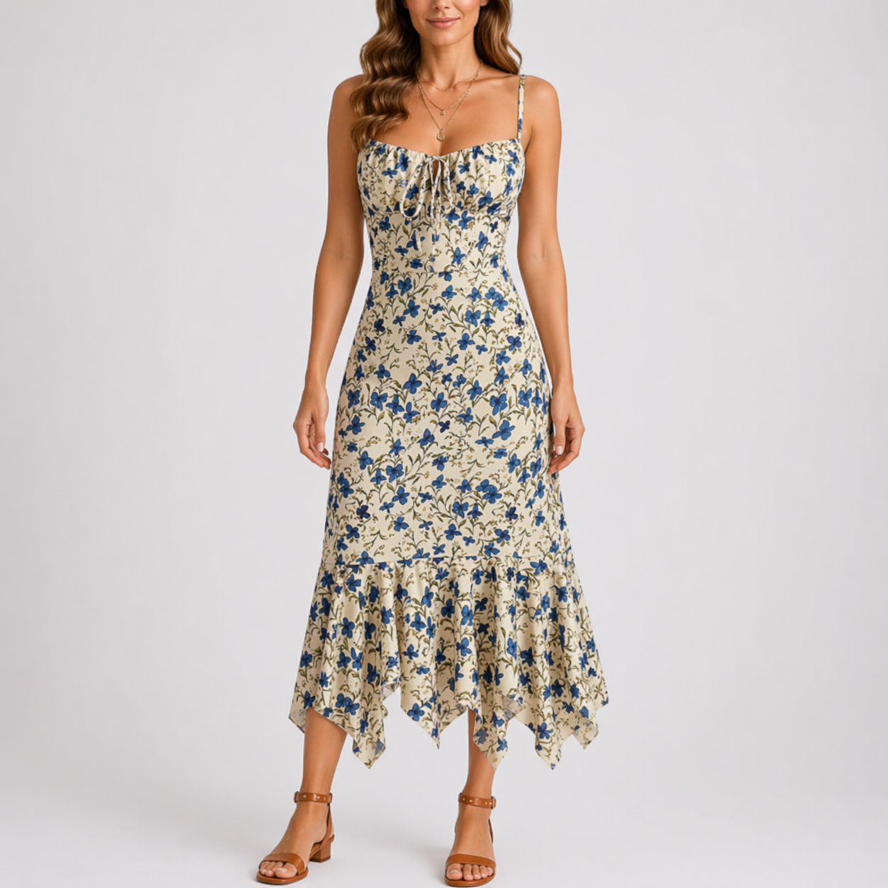 Renske | Zomerjurk dames midi met spaghettibandjes - Bloemig