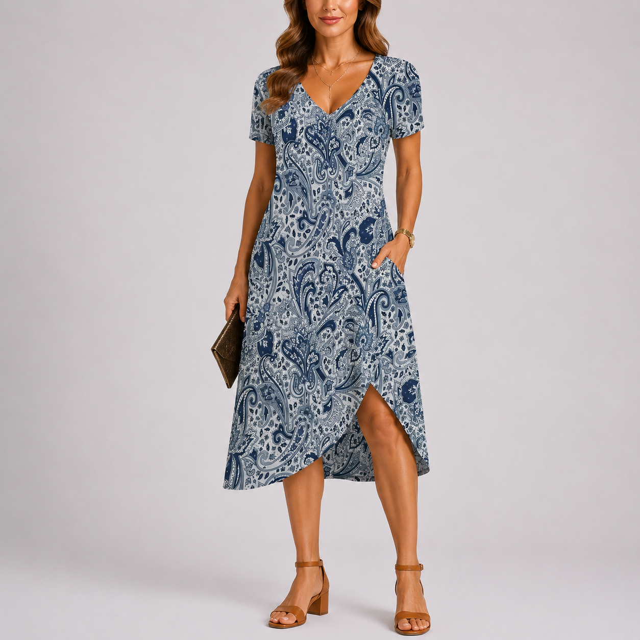 Roos | Zomerjurk met V-hals en korte mouw - Blauw
