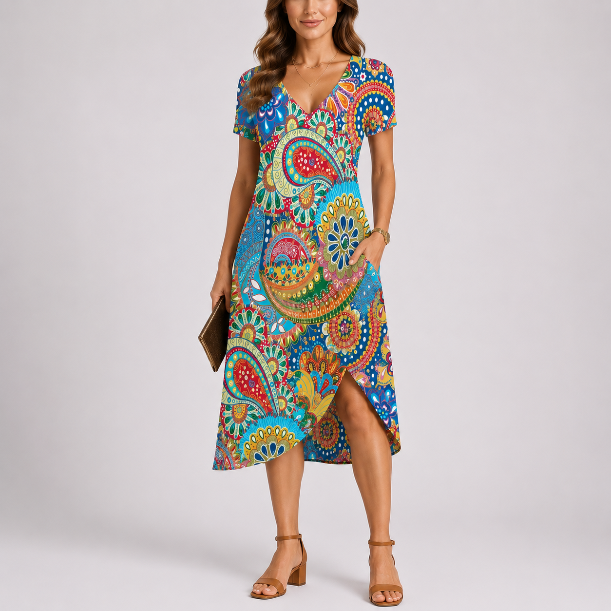 Roos | Zomerjurk met V-hals en korte mouw - Bloemen