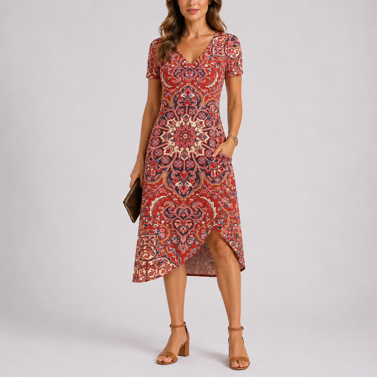 Roos | Zomerjurk met V-hals en korte mouw - Rood
