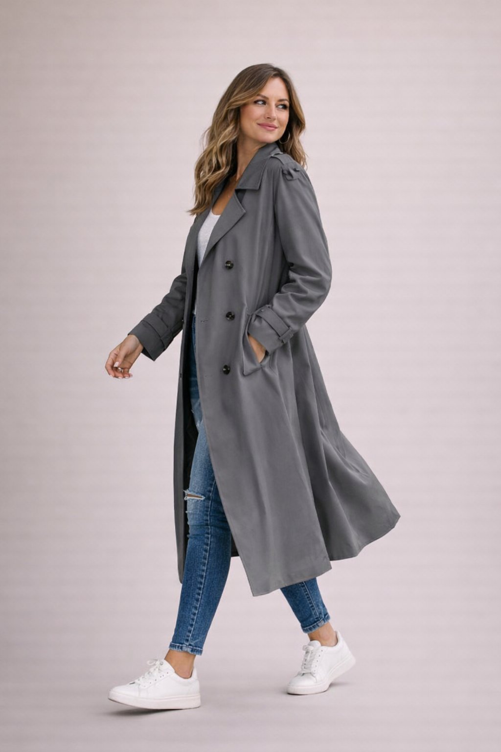 Saar | Trenchcoat dames dubbelrijig met ceintuur - Grijs