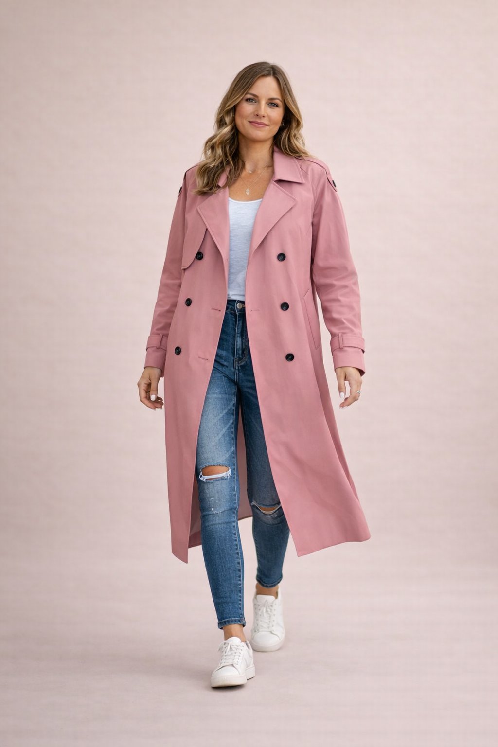Saar | Trenchcoat dames dubbelrijig met ceintuur - Roze
