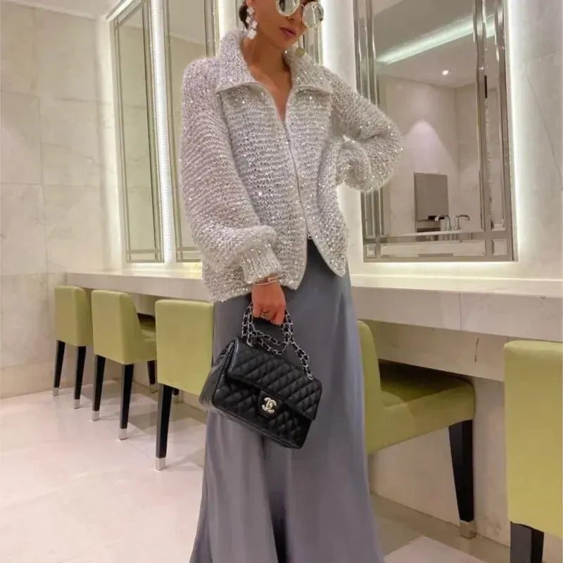 Alyssa - Gilet tricoté confortable et élégant avec fermeture éclair et paillettes