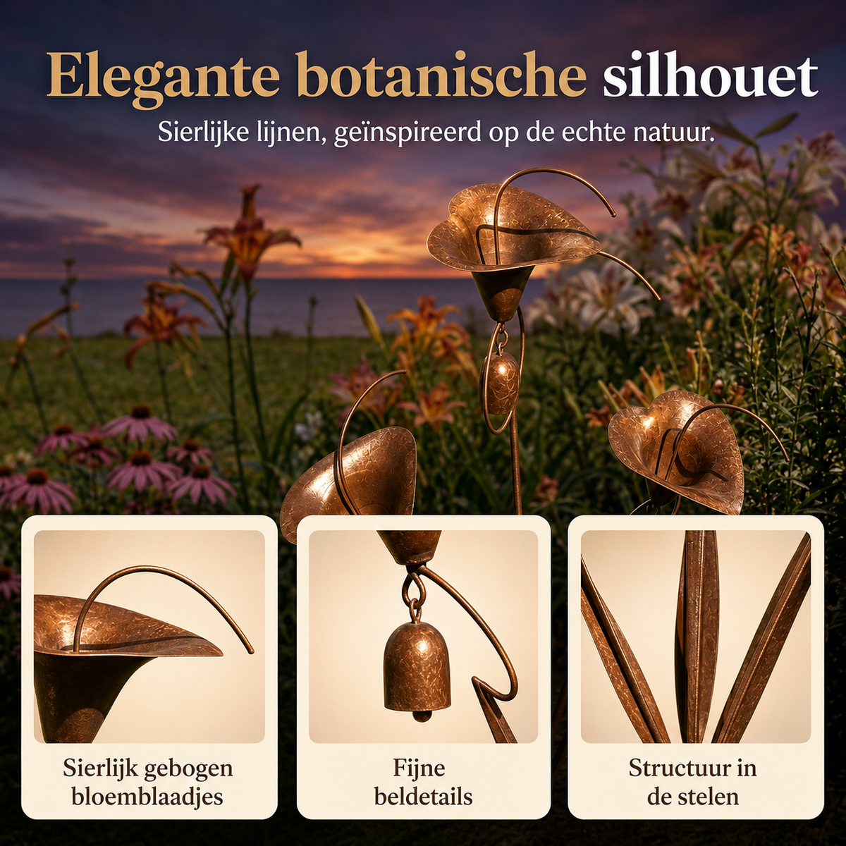 Sven | Metalen tuinsteker met calla lelies en belletjes - foto 2