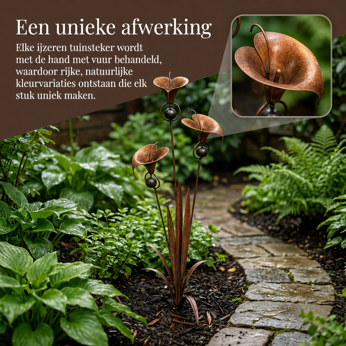 Sven | Metalen tuinsteker met calla lelies en belletjes - foto 6