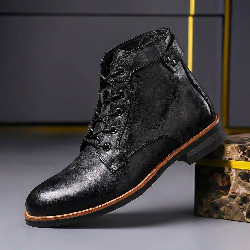 Tijmen | Leren veterboots voor heren - Obsidiaanzwart