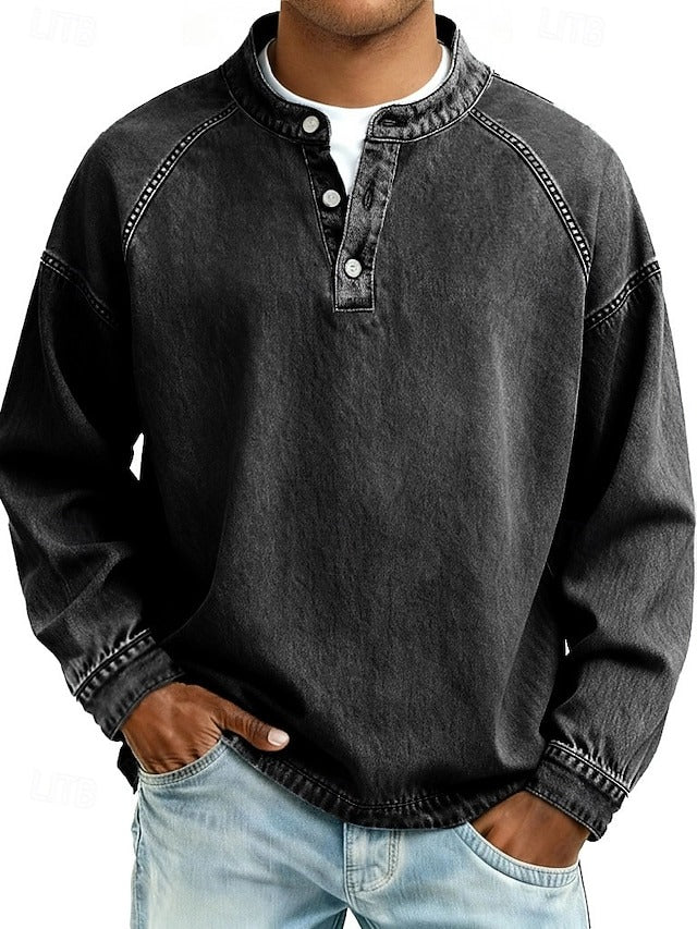 Tijn | Henley longsleeve voor heren - Zwart