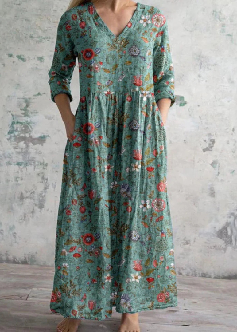 Vera | Maxi jurk met bloemen en V-hals - Groen