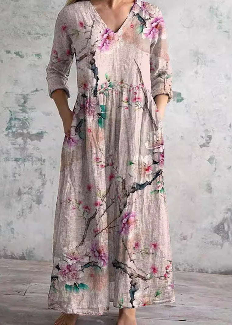 Vera | Maxi jurk met bloemen en V-hals - Roze