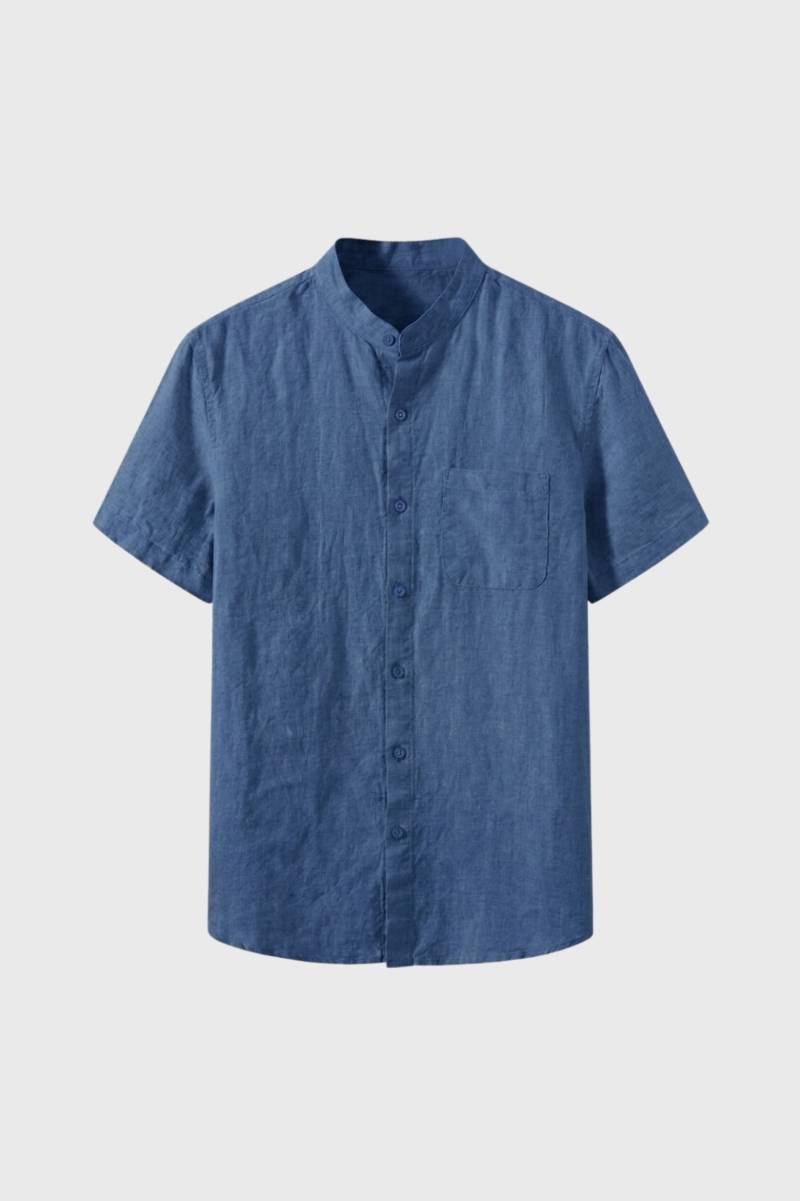 Wouter | Overhemd heren korte mouw met staande kraag - Blauw