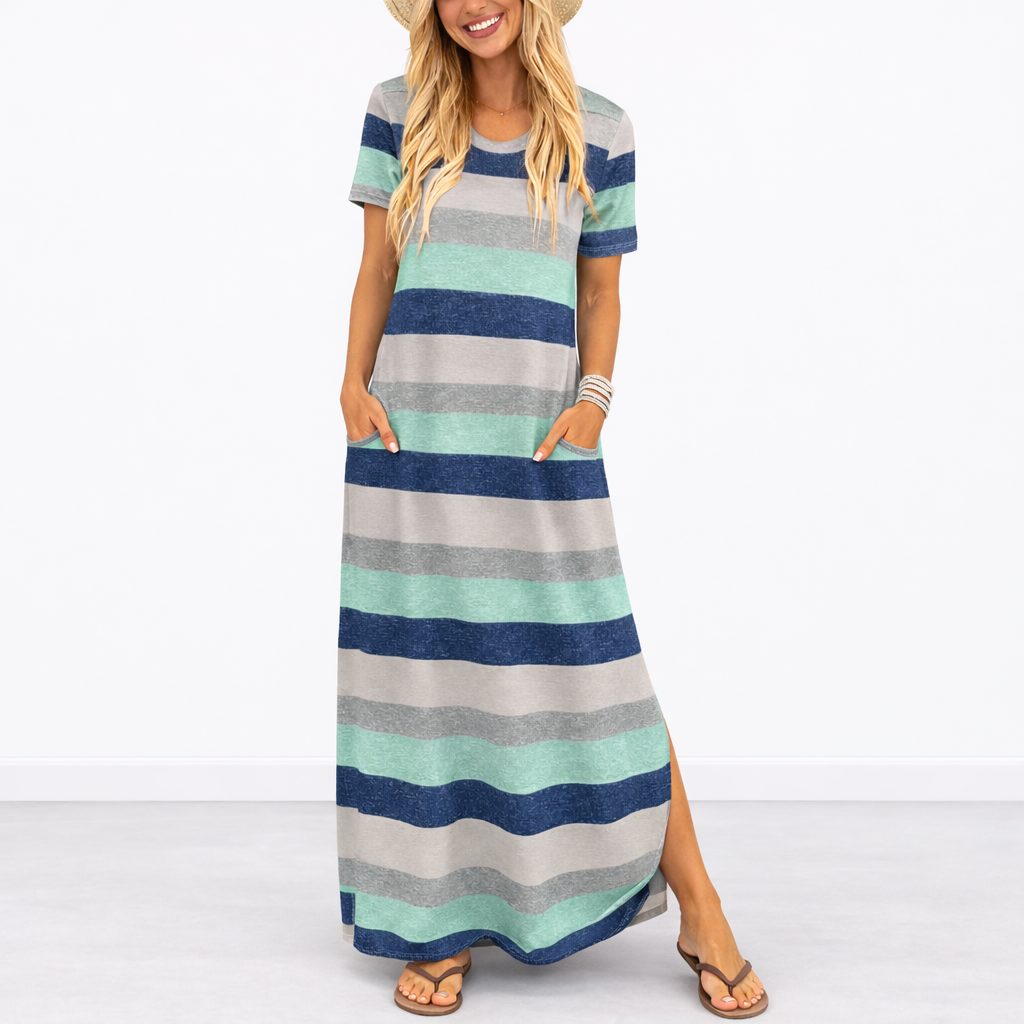 Yara | Maxi jurk voor dames met korte mouw - Gestreept blauw