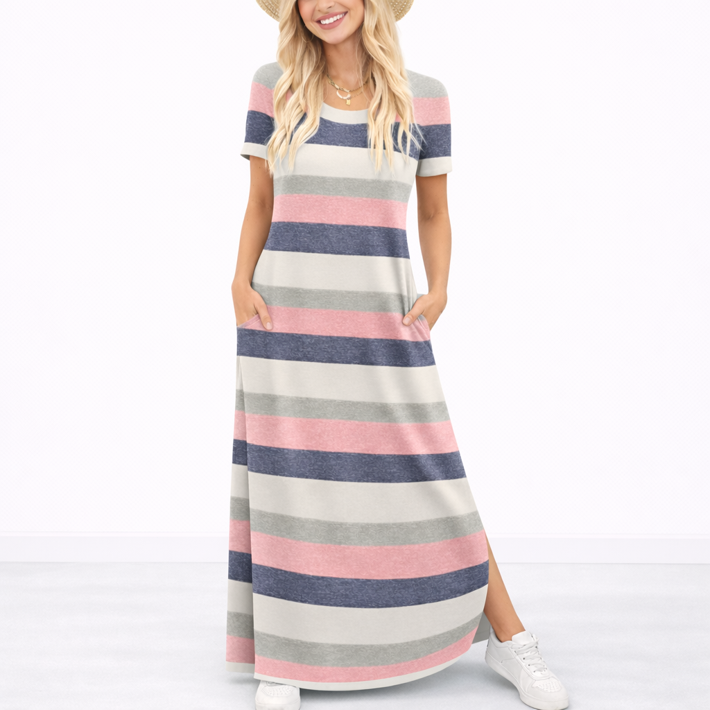Yara | Maxi jurk voor dames met korte mouw - Gestreept roze