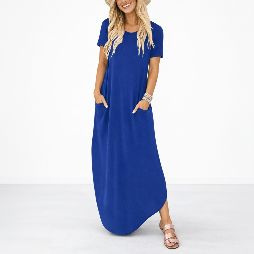 Yara | Maxi jurk voor dames met korte mouw - Marineblauw