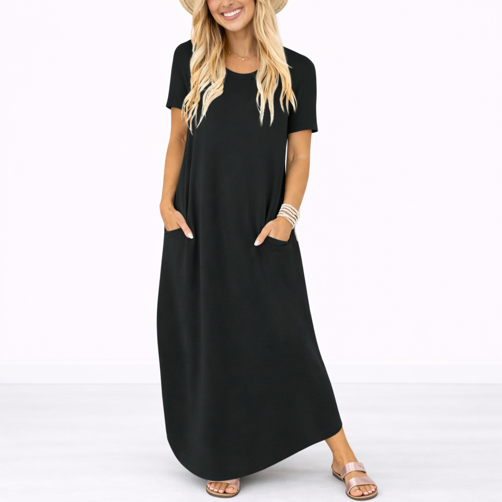 Yara | Maxi jurk voor dames met korte mouw - Zwart