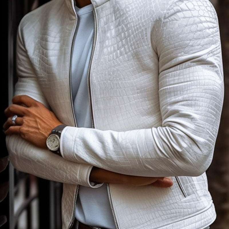 Slim fit leren jas met stenen patroon, opstaande kraag en rits voor heren