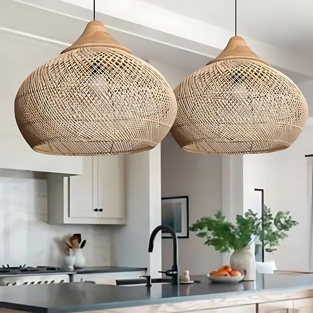 Boho rotan hanglamp – handgeweven natuurlijke sfeerverlichting
